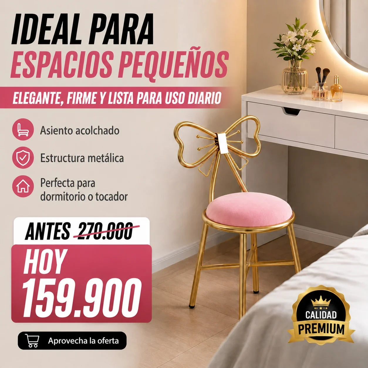 Silla Tocador Mariposa Dorada Acolchada Premium