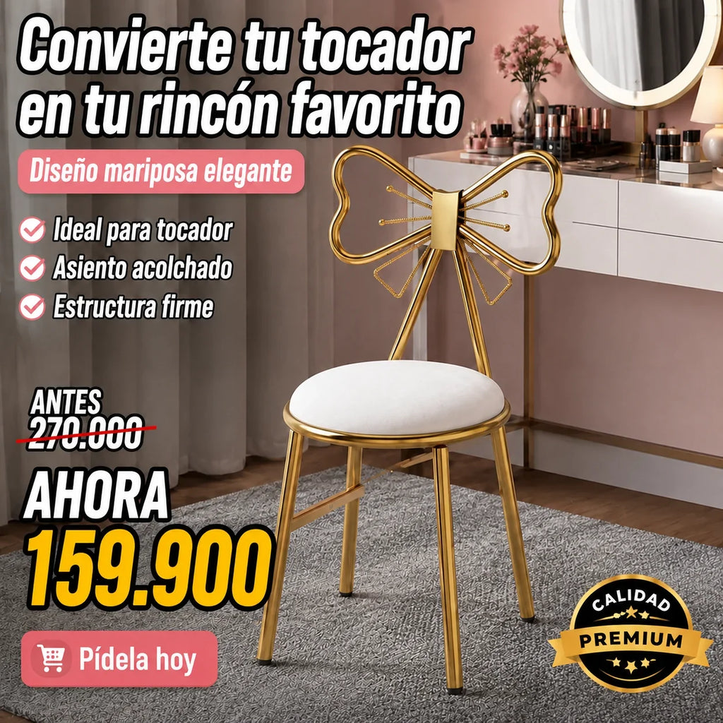 Silla Tocador Mariposa Dorada Acolchada Premium
