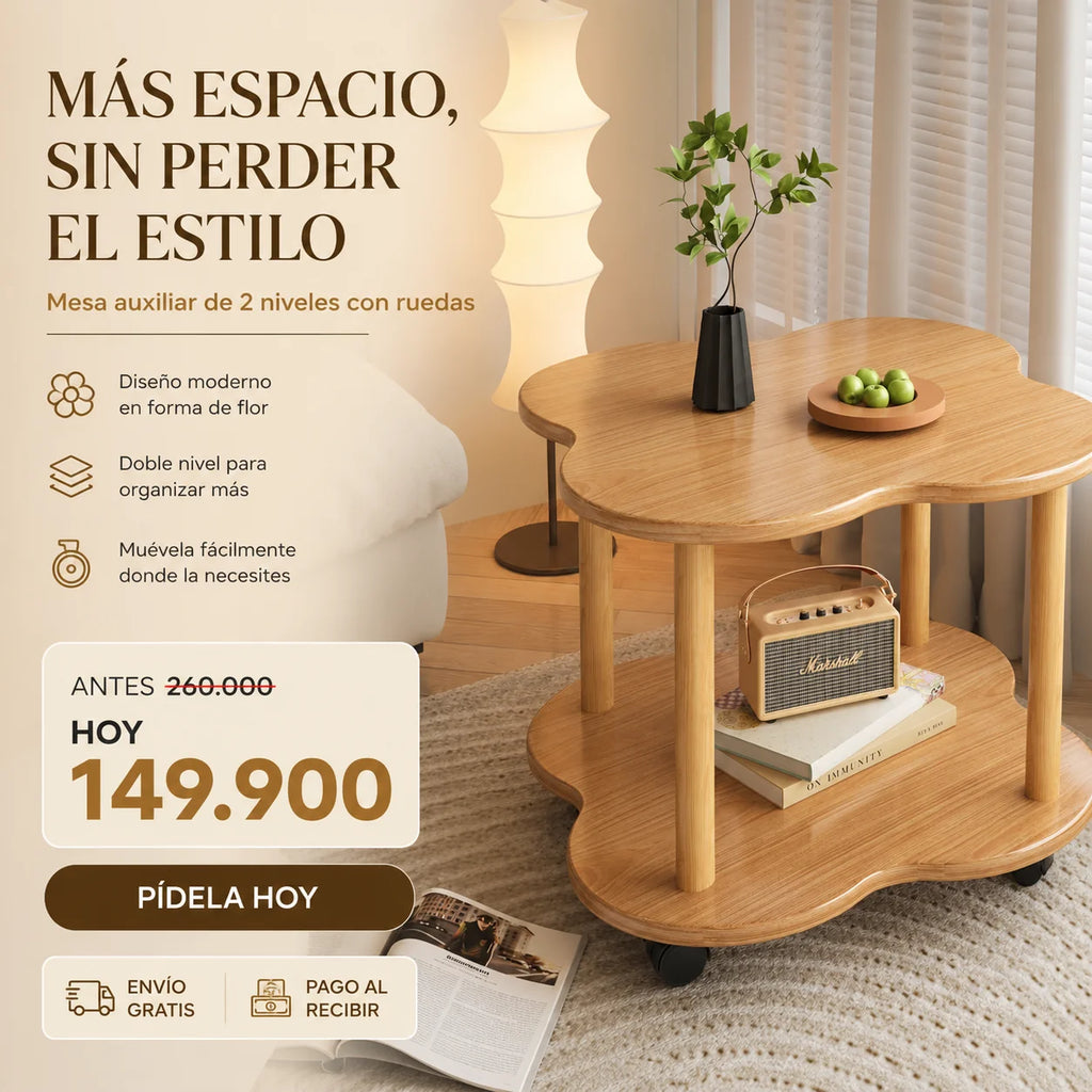 Mesa Auxiliar de Madera con Forma de Flor y Ruedas