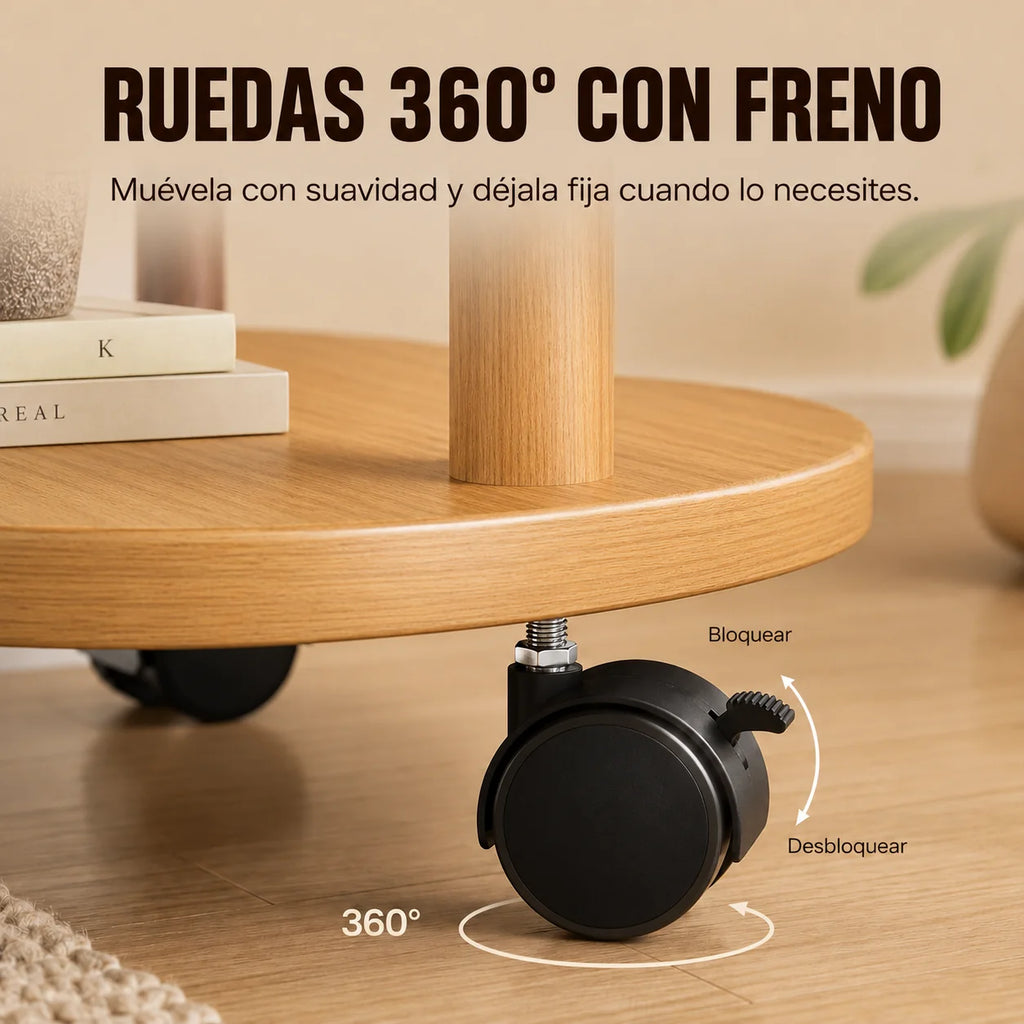 Mesa Auxiliar de Madera con Forma de Flor y Ruedas