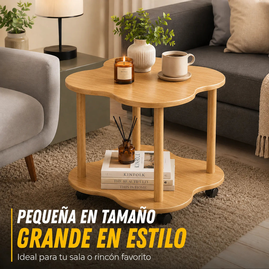 Mesa Auxiliar de Madera con Forma de Flor y Ruedas