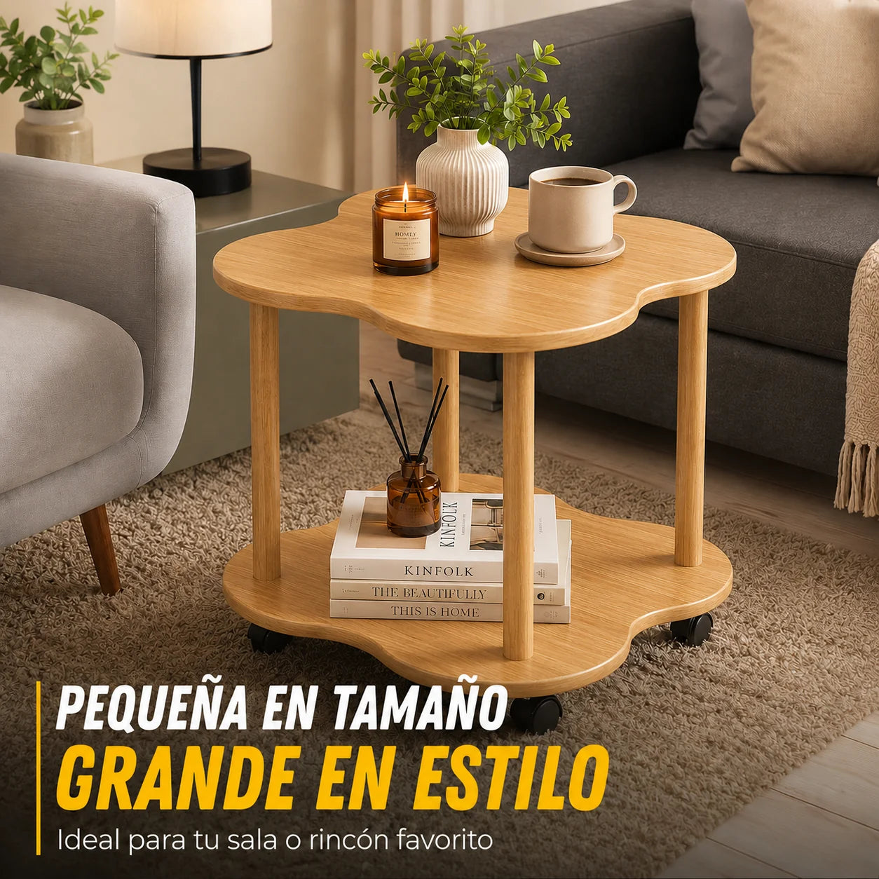 Mesa Auxiliar de Madera con Forma de Flor y Ruedas