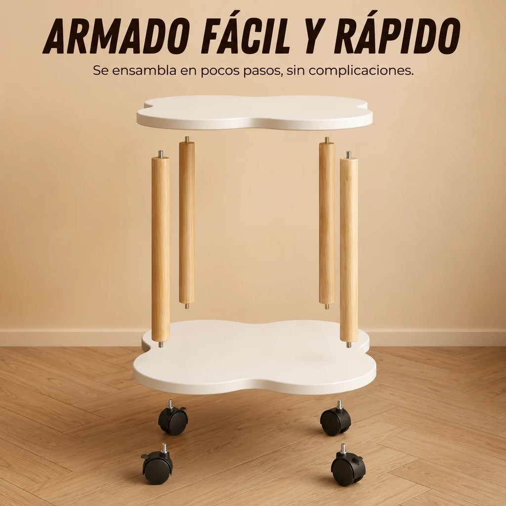 Mesa Auxiliar de Madera con Forma de Flor y Ruedas