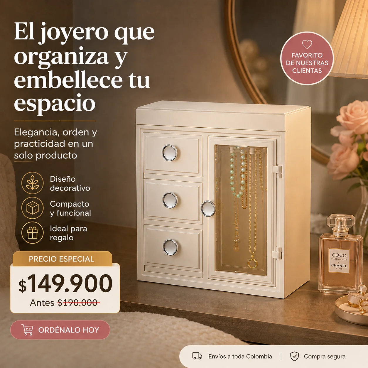 Joyero Europeo Organizador Premium con Espejo, Cajones y Compartimentos