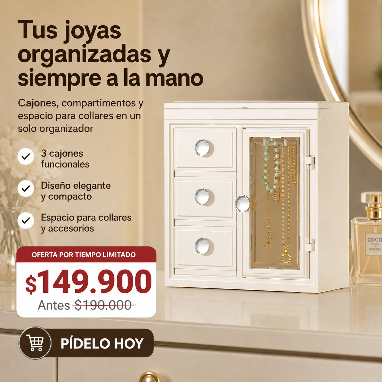 Joyero Europeo Organizador Premium con Espejo, Cajones y Compartimentos