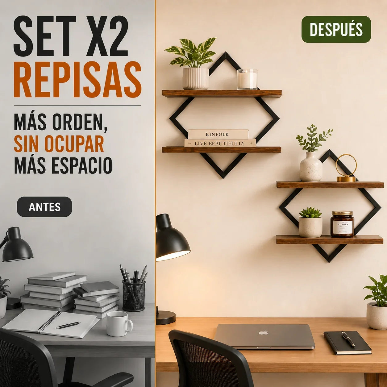Set x2 Repisas Flotantes Geométricas Premium en Madera