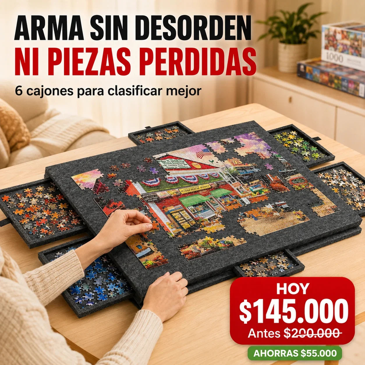 Mesa Organizadora para Rompecabezas 2 en 1 con 6 Cajones