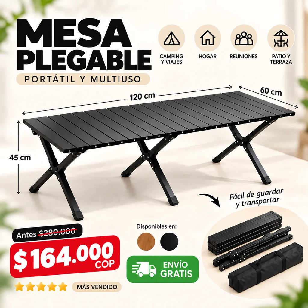 Mesa Plegable Portátil para Camping y Hogar | Tipo Madera